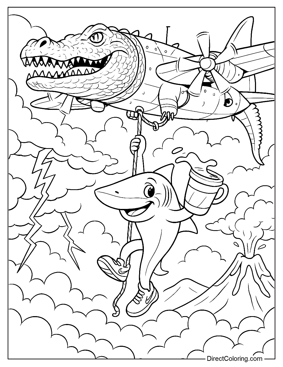 Tralalero Coloring Page wears a vine, dangling from Bombardiro Crocodilo's belly as he flies through the storm clouds